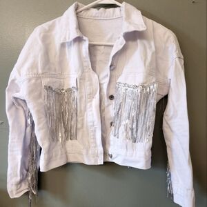 Shein Bae White Denim Crop Jacket Sequin Fringe Trim Disco Silver Retro Western